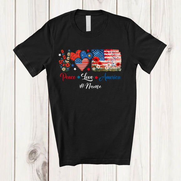 MacnyStore - Personalized Custom Name Peace Love America; Proud 4th Of July Flowers Hand Sign Heart; Patriotic T-Shirt