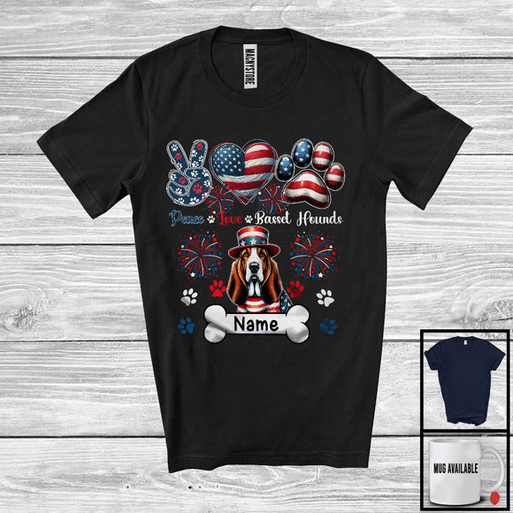 MacnyStore - Personalized Custom Name Peace Love Basset Hounds, Lovely 4th Of July American Flag Patriotic T-Shirt