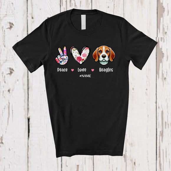 MacnyStore - Personalized Custom Name Peace Love Beagles; Floral Mother's Day Hand Sign Heart T-Shirt