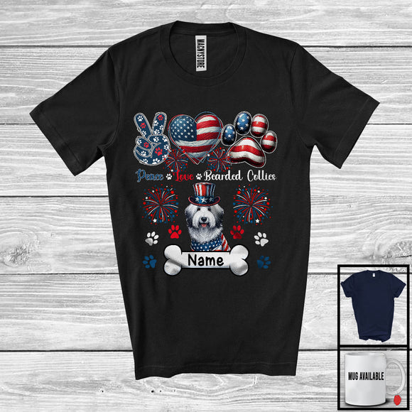MacnyStore - Personalized Custom Name Peace Love Bearded Collies, Lovely 4th Of July USA Flag Patriotic T-Shirt