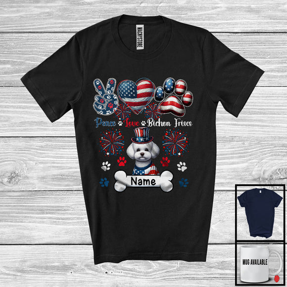 MacnyStore - Personalized Custom Name Peace Love Bichon Frises, Lovely 4th Of July American Flag Patriotic T-Shirt