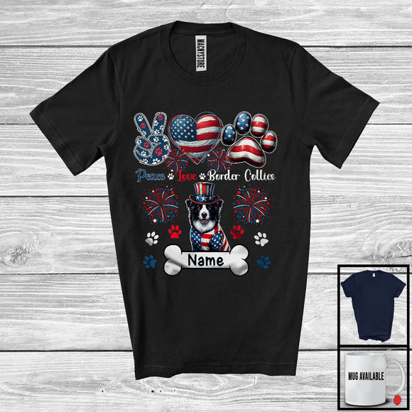 MacnyStore - Personalized Custom Name Peace Love Border Collies, Lovely 4th Of July American Flag Patriotic T-Shirt