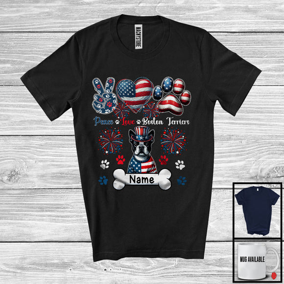 MacnyStore - Personalized Custom Name Peace Love Boston Terriers, Lovely 4th Of July American Flag Patriotic T-Shirt
