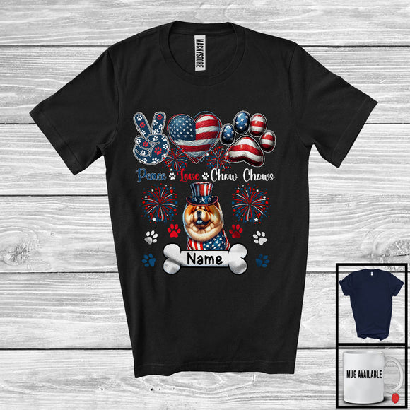 MacnyStore - Personalized Custom Name Peace Love Chow Chows, Lovely 4th Of July American Flag Patriotic T-Shirt