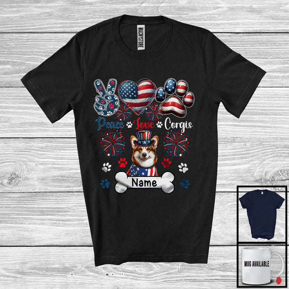 MacnyStore - Personalized Custom Name Peace Love Corgis, Lovely 4th Of July American Flag Patriotic T-Shirt