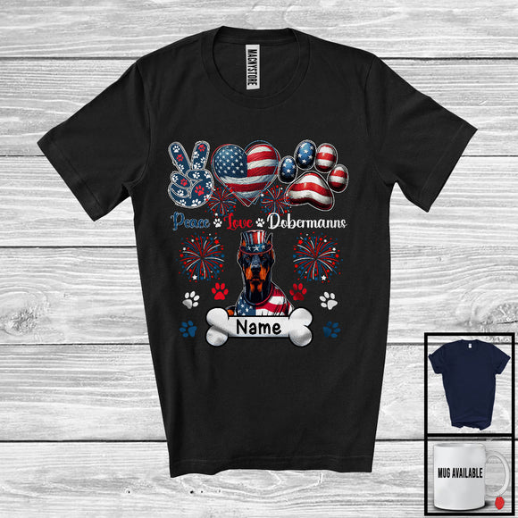 MacnyStore - Personalized Custom Name Peace Love Dobermanns, Lovely 4th Of July American Flag Patriotic T-Shirt