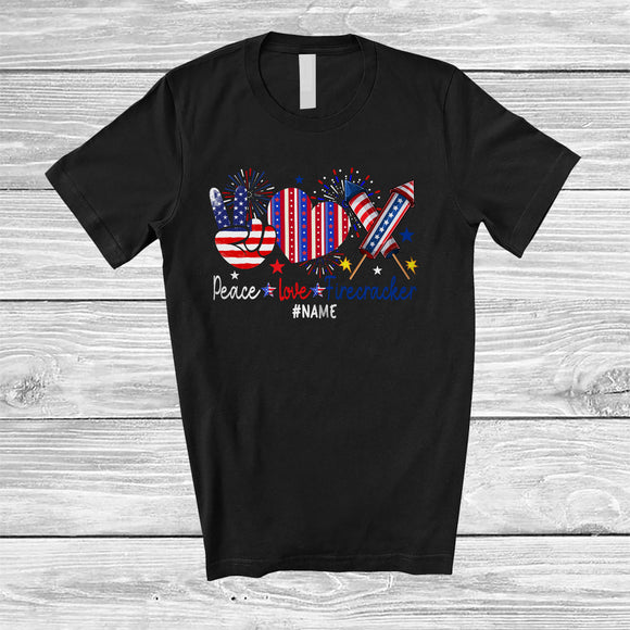 MacnyStore - Personalized Custom Name Peace Love Firecracker; Lovely 4th Of July Peace Hand Sign Heart T-Shirt