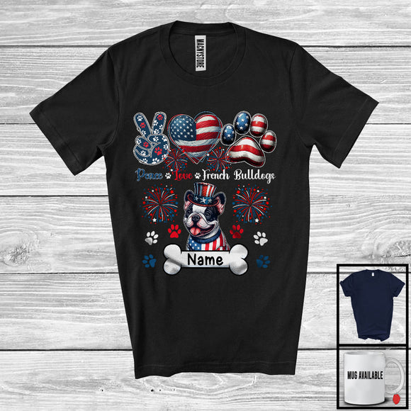 MacnyStore - Personalized Custom Name Peace Love French Bulldogs, Lovely 4th Of July USA Flag Patriotic T-Shirt