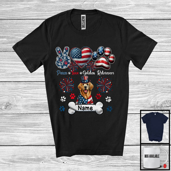 MacnyStore - Personalized Custom Name Peace Love Golden Retrievers, Lovely 4th Of July USA Flag Patriotic T-Shirt