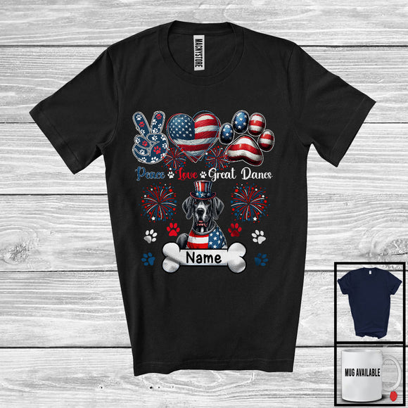 MacnyStore - Personalized Custom Name Peace Love Great Danes, Lovely 4th Of July American Flag Patriotic T-Shirt
