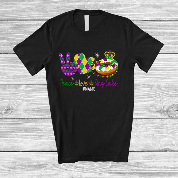 MacnyStore - Personalized Custom Name Peace Love King Cake; Lovely Mardi Gras Peace Hand Sign Heart T-Shirt