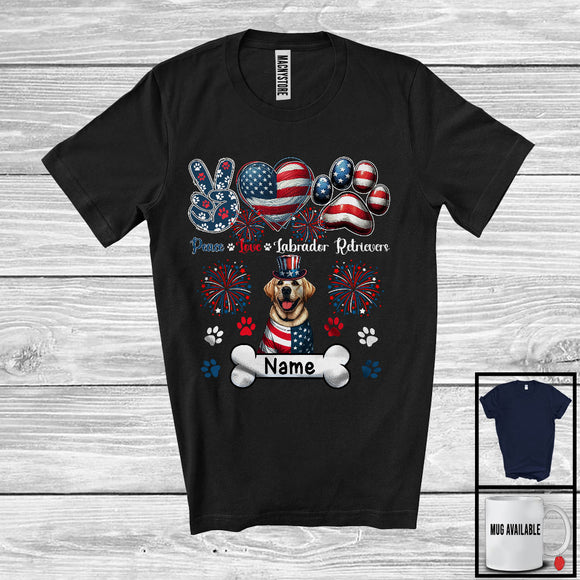 MacnyStore - Personalized Custom Name Peace Love Labrador Retrievers, Lovely 4th Of July USA Flag Patriotic T-Shirt