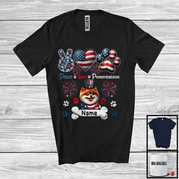 MacnyStore - Personalized Custom Name Peace Love Pomeranians, Lovely 4th Of July American Flag Patriotic T-Shirt