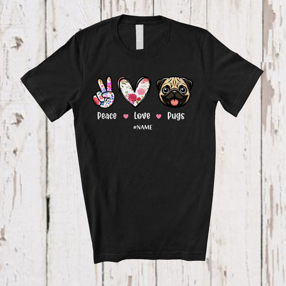 MacnyStore - Personalized Custom Name Peace Love Pugs; Floral Mother's Day Hand Sign Heart T-Shirt