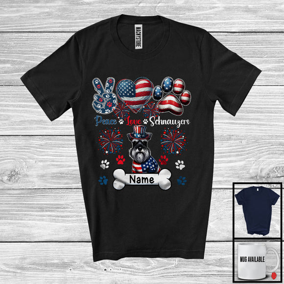 MacnyStore - Personalized Custom Name Peace Love Schnauzers, Lovely 4th Of July American Flag Patriotic T-Shirt
