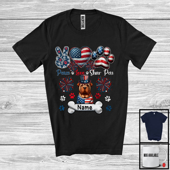 MacnyStore - Personalized Custom Name Peace Love Shar Peis, Lovely 4th Of July American Flag Patriotic T-Shirt
