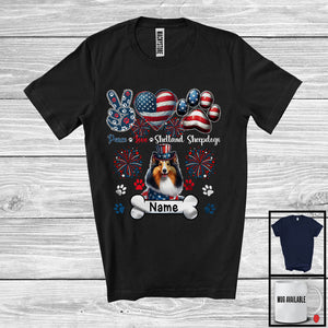 MacnyStore - Personalized Custom Name Peace Love Shetland Sheepdogs, Lovely 4th Of July USA Flag T-Shirt