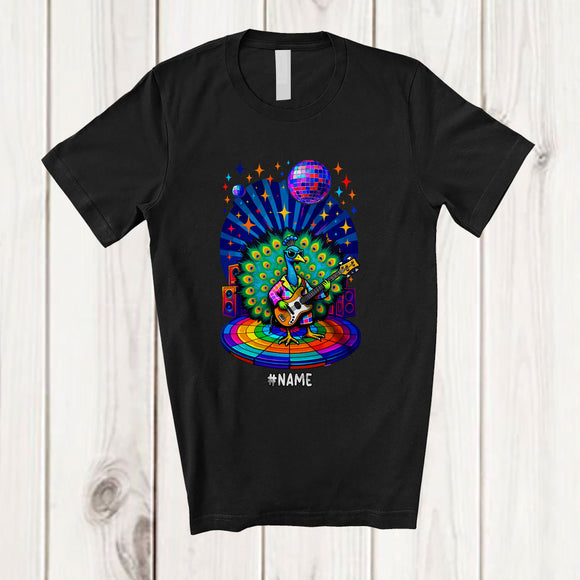 MacnyStore - Personalized Custom Name Peacock Disco Sunglasses Playing Rock Guitar; Joyful Guitarist Music T-Shirt