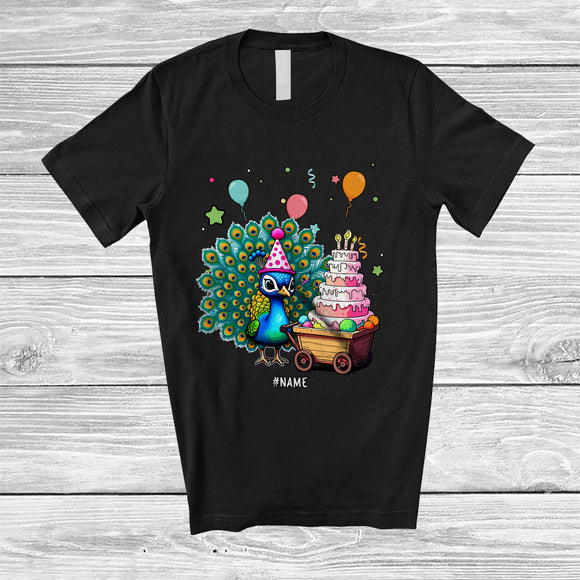 MacnyStore - Personalized Custom Name Peacock with Cake; Lovely Birthday Party Animal Lover T-Shirt