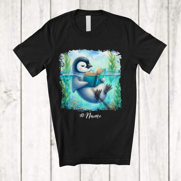 MacnyStore - Personalized Custom Name Penguin Reading Book; Lovely Teacher Librarian Book Nerd; Sea Animal T-Shirt