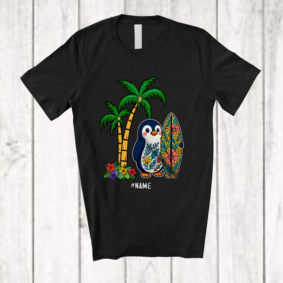 MacnyStore - Personalized Custom Name Penguin Surfer; Joyful Summer Vacation Hawaiian Surfing Lover T-Shirt