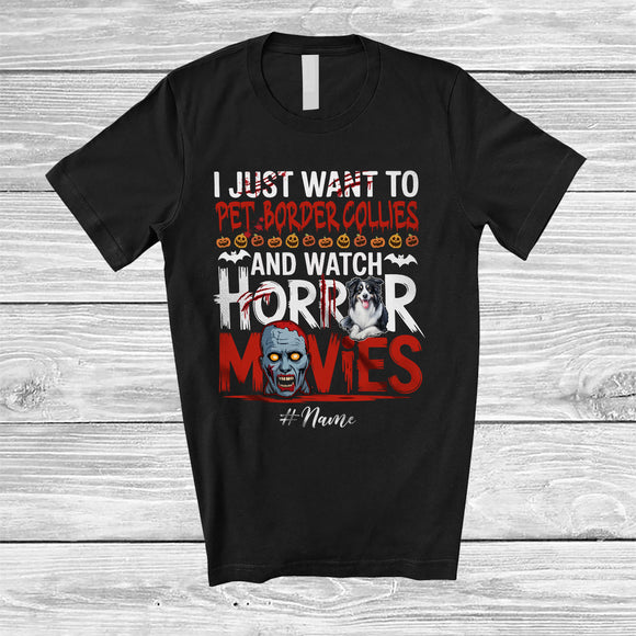 MacnyStore - Personalized Custom Name Pet Border Collies And Watch Horror Movies; Creepy Halloween Zombie T-Shirt