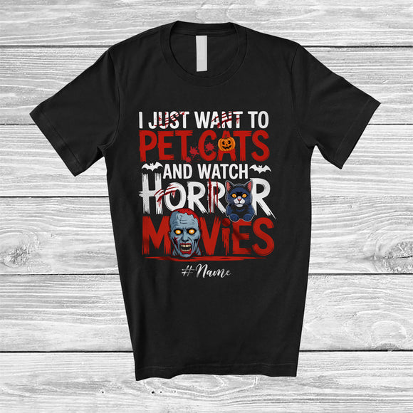 MacnyStore - Personalized Custom Name Pet Cats And Watch Horror Movies; Creepy Halloween Zombie T-Shirt