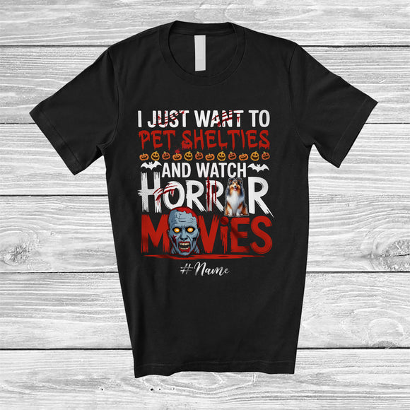 MacnyStore - Personalized Custom Name Pet Shelties And Watch Horror Movies; Creepy Halloween Zombie T-Shirt