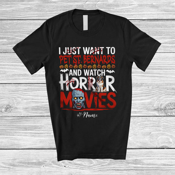 MacnyStore - Personalized Custom Name Pet St. Bernards And Watch Horror Movies; Creepy Halloween Zombie T-Shirt