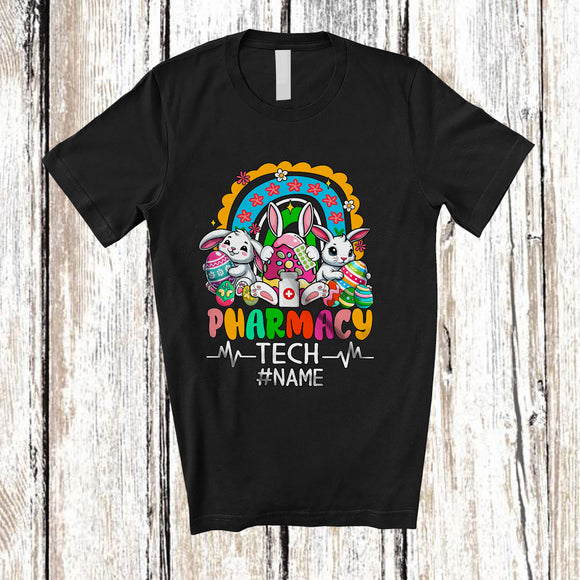 MacnyStore - Personalized Custom Name Pharmacy Tech; Adorable Easter Bunnies Hunting Eggs; Rainbow Family T-Shirt