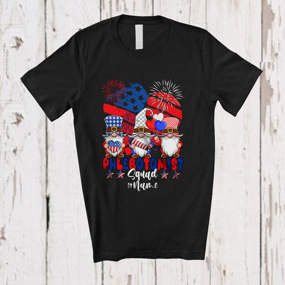 MacnyStore - Personalized Custom Name Phlebotomist Squad; Joyful 4th Of July Three Gnomes; US Flag Heart T-Shirt