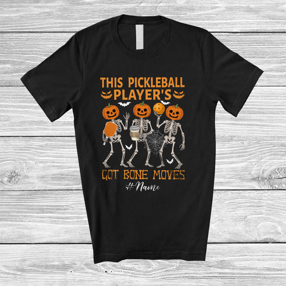 MacnyStore - Personalized Custom Name Pickleballs Player's Got Bone Moves; Joyful Halloween Pumpkin Skeletons T-Shirt