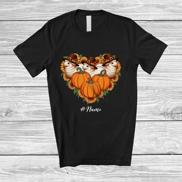 MacnyStore - Personalized Custom Name Pilgrim Sheep Pumpkin Sunflower Heart; Lovely Thanksgiving Farmer T-Shirt