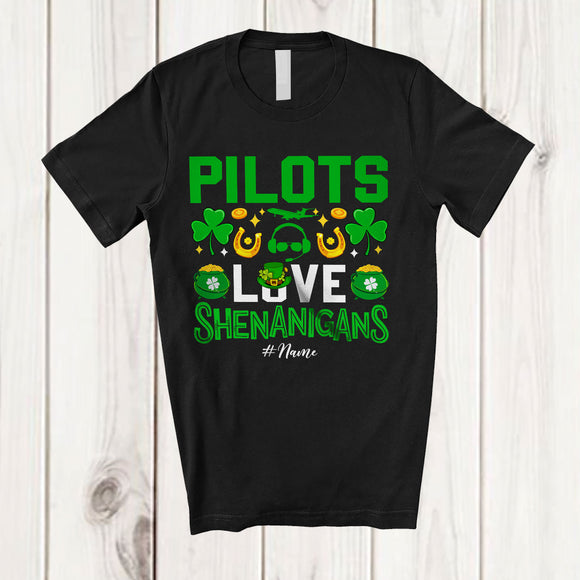 MacnyStore - Personalized Custom Name Pilots Love Shenanigans; Proud St. Patrick's Day Pilot Shamrock T-Shirt