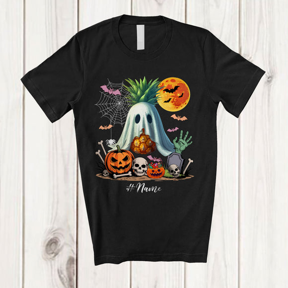 MacnyStore - Personalized Custom Name Pineapple Wearing Ghost Boo Costume; Creepy Halloween Fruit Vegan T-Shirt