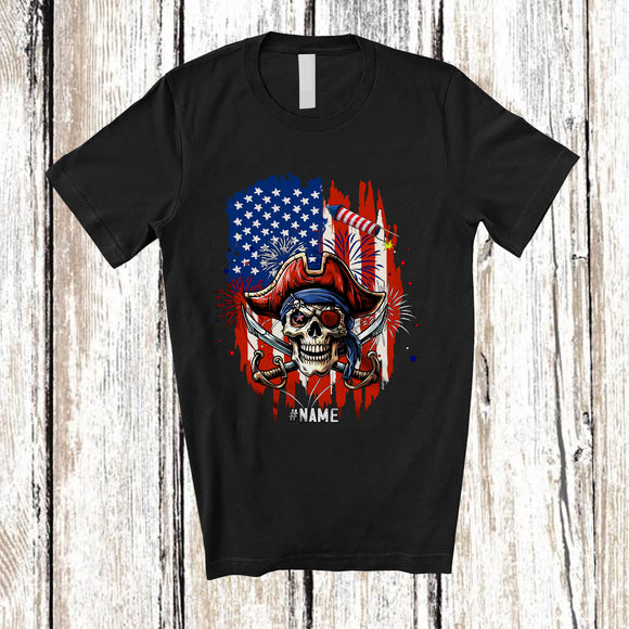 MacnyStore - Personalized Custom Name Pirate Skull With American Flag; Joyful 4th Of July Firecracker; Patriotic T-Shirt