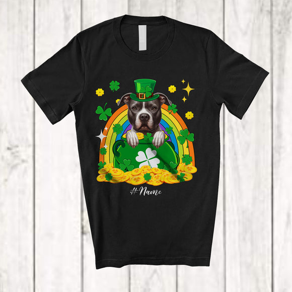 MacnyStore - Personalized Custom Name Pit Bull Leprechaun In Pot Of Gold; Lovely St. Patrick's Day Rainbow T-Shirt
