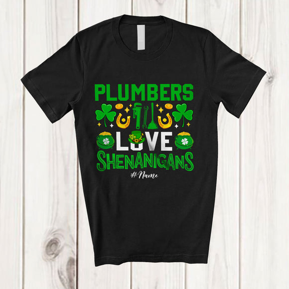 MacnyStore - Personalized Custom Name Plumbers Love Shenanigans; Proud St. Patrick's Day Jobs Shamrock T-Shirt
