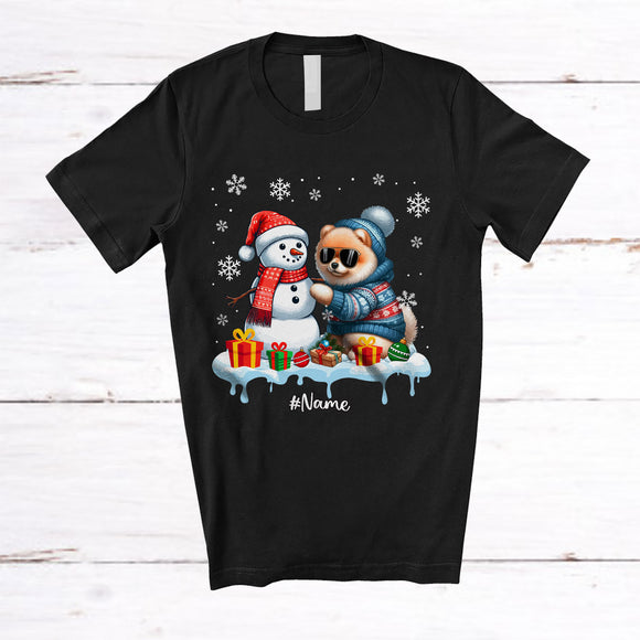 MacnyStore - Personalized Custom Name Pomeranian Build Snowman; Lovely Snow Santa Pomeranian; Family T-Shirt