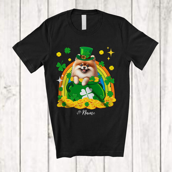 MacnyStore - Personalized Custom Name Pomeranian Leprechaun In Pot Of Gold; Lovely St. Patrick's Day Rainbow T-Shirt