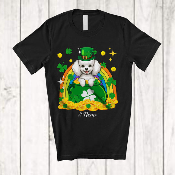 MacnyStore - Personalized Custom Name Poodle Leprechaun In Pot Of Gold; Lovely St. Patrick's Day Rainbow T-Shirt