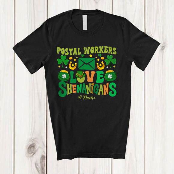MacnyStore - Personalized Custom Name Postal Workers Love Shenanigans; Proud St. Patrick's Day Jobs Shamrock T-Shirt