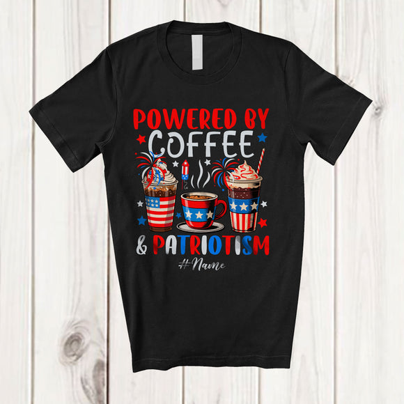 MacnyStore - Personalized Custom Name Powered by Coffee And Patriotism; Lovely 4th Of July Patriotic T-Shirt