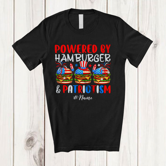 MacnyStore - Personalized Custom Name Powered by Hamburger And Patriotism; Lovely 4th Of July Patriotic T-Shirt