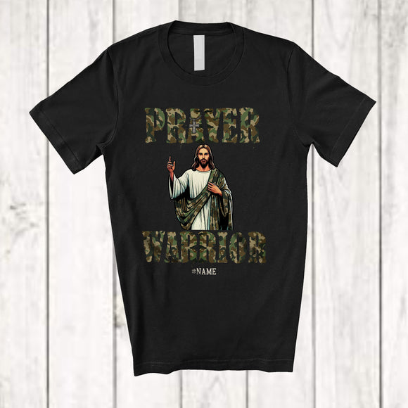 MacnyStore - Personalized Custom Name Prayer Warrior; Proud Veteran Jesus Cross Soldier Army; Family Group T-Shirt