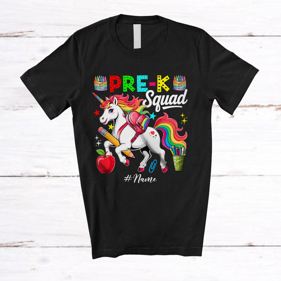 MacnyStore - Personalized Custom Name Pre-K Squad; Lovely First Day Of School Student Teacher Unicorn T-Shirt