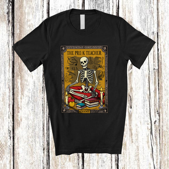 MacnyStore - Personalized Custom Name Pre-K Teacher; Scary Halloween Skeleton Tarot Card Yoga Workout T-Shirt