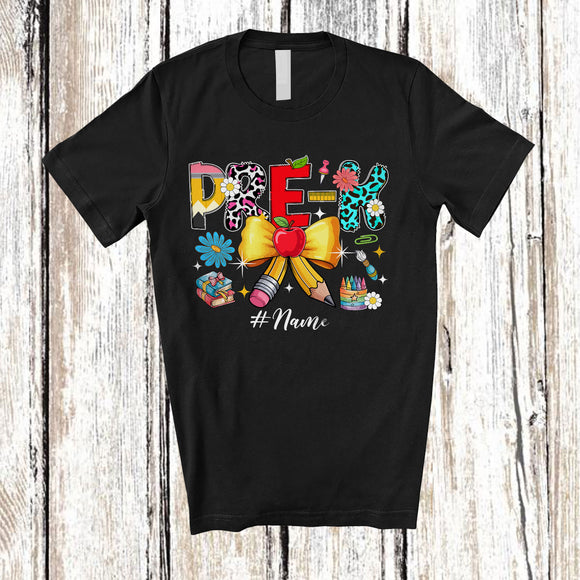 MacnyStore - Personalized Custom Name Pre-K; Lovely Back To School Teacher Leopard Coquette Pencil Bow T-Shirt