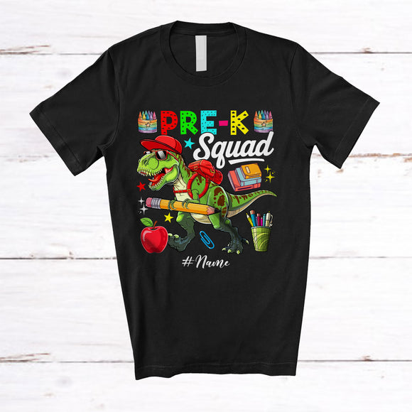MacnyStore - Personalized Custom Name Pre-K Squad; Lovely First Day Of School Student Teacher T-Rex T-Shirt