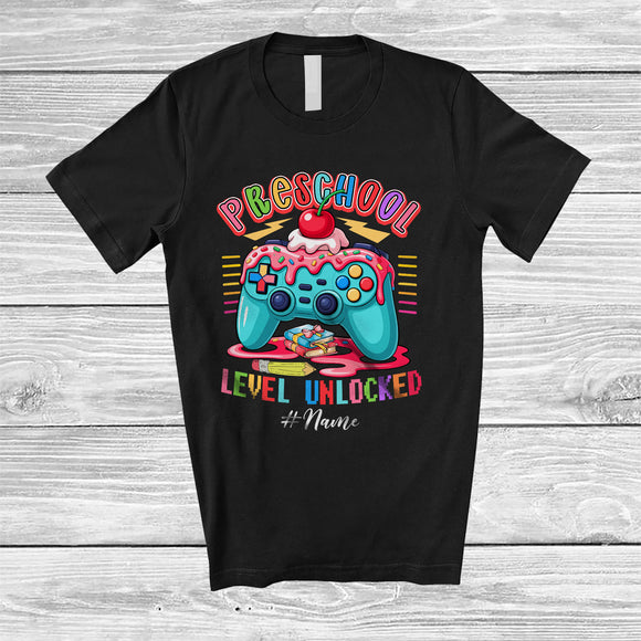 MacnyStore - Personalized Custom Name Preschool Level Unlocked; Joyful Back To School Fist Day Of School Gamer T-Shirt